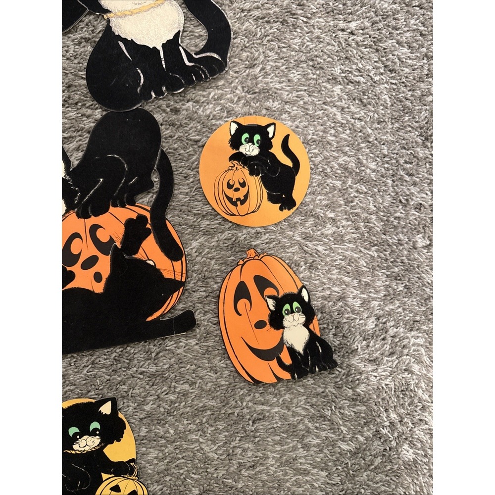 Vintage Die Cut Felt Halloween Decor Green Eyed Black Cat Lot Of 7 - Picture 6 of 11